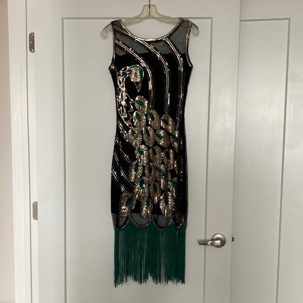 Peacock sequined black and gold flapper dress, small